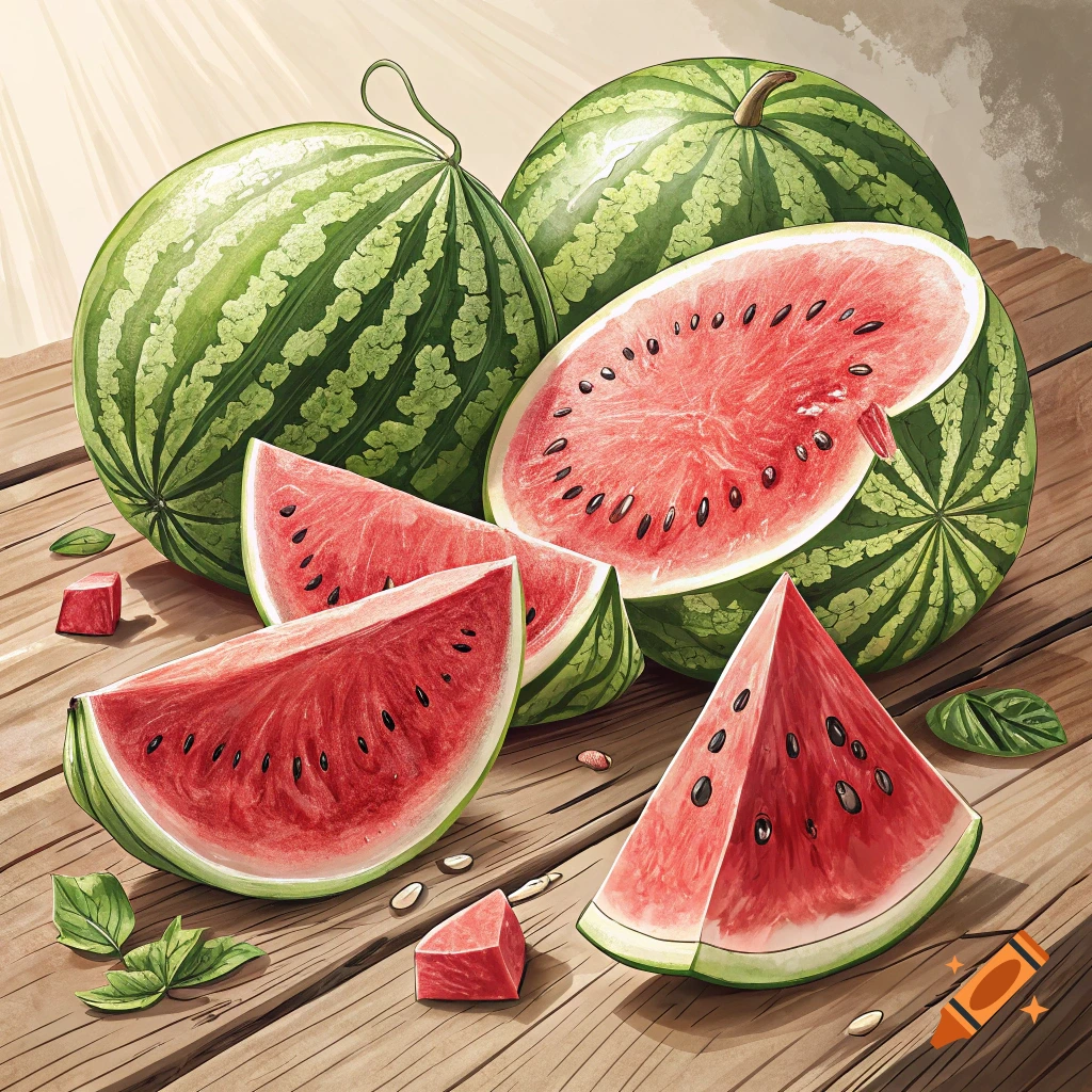 Detailed illustration of whole and sliced watermelons on a wooden table.