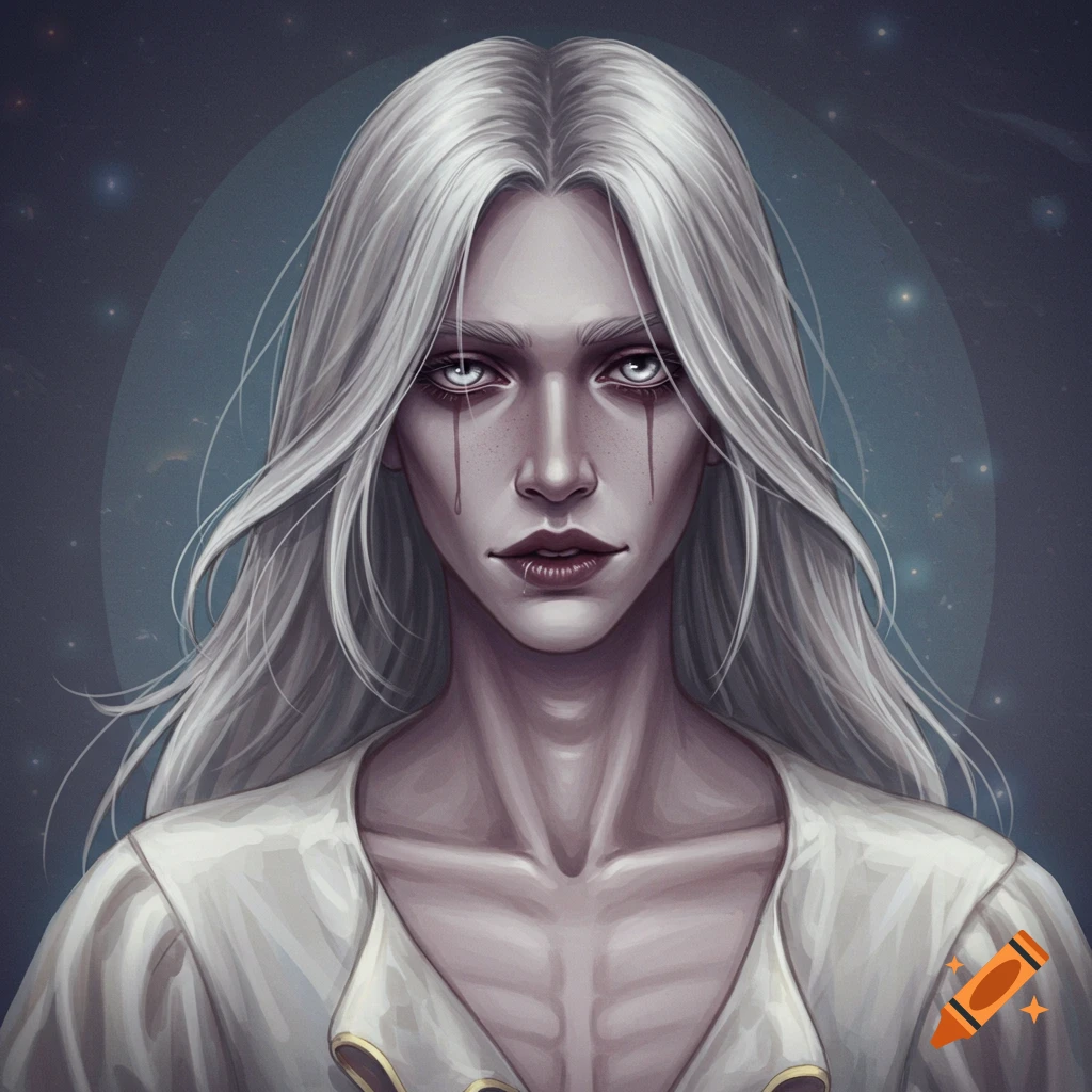 Portrait of a pale figure with long silver hair, dark streaks below the eyes, wearing a white shirt, against a starry background.
