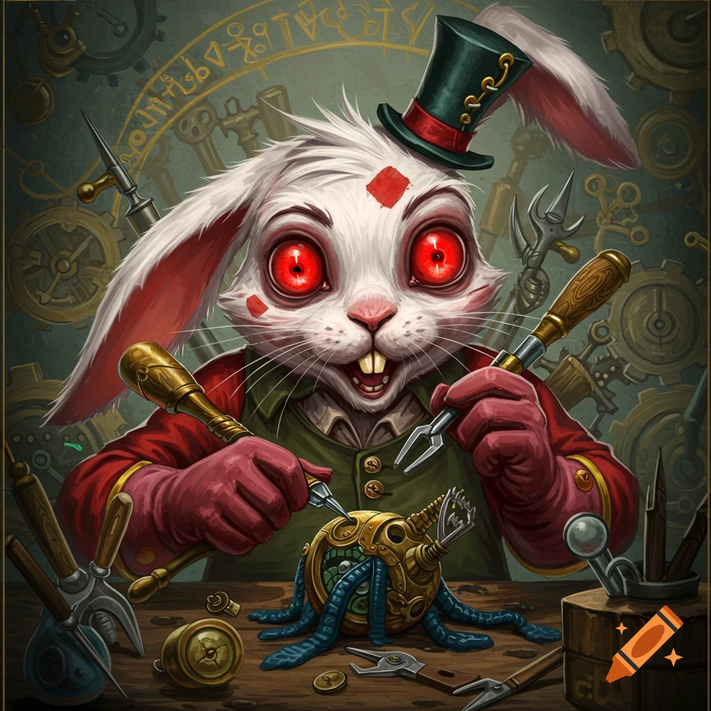 Stylized illustration of a rabbit wearing a hat and coat, working on a mechanical device with tools at a table.
