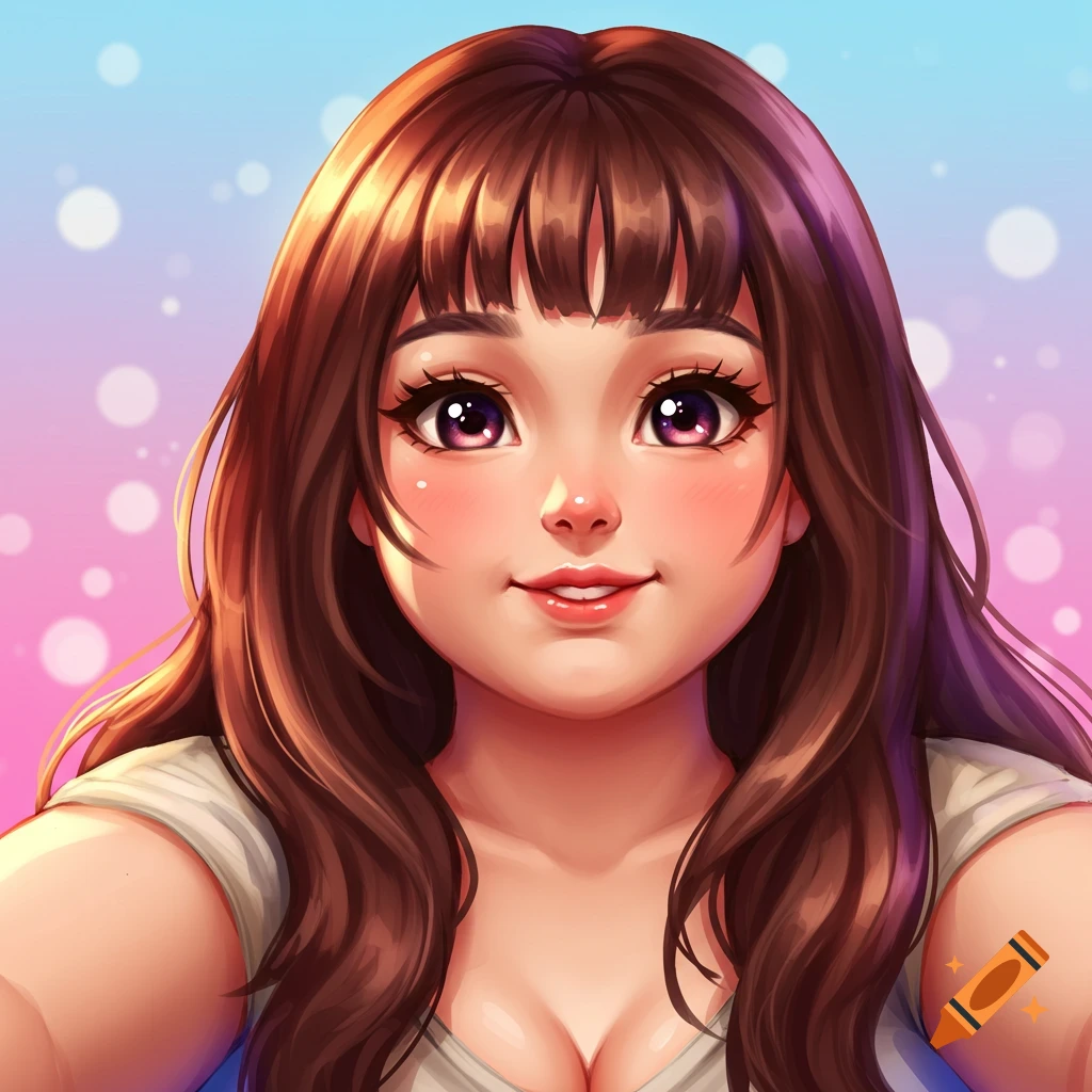 Anime portrait of a woman with long brown hair and bangs, smiling.
