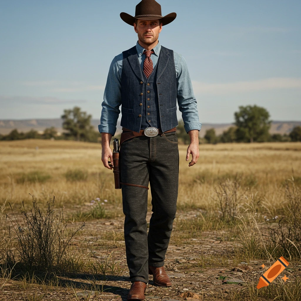 A man wearing a cowboy hat, denim vest, shirt, and tie walks through a field.