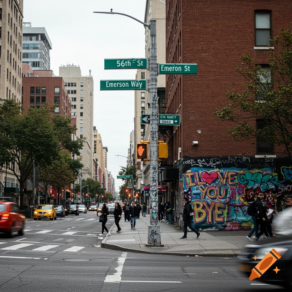 Street signs for 56th St and Emerson Way at an urban intersection with cars, pedestrians, and graffiti.
