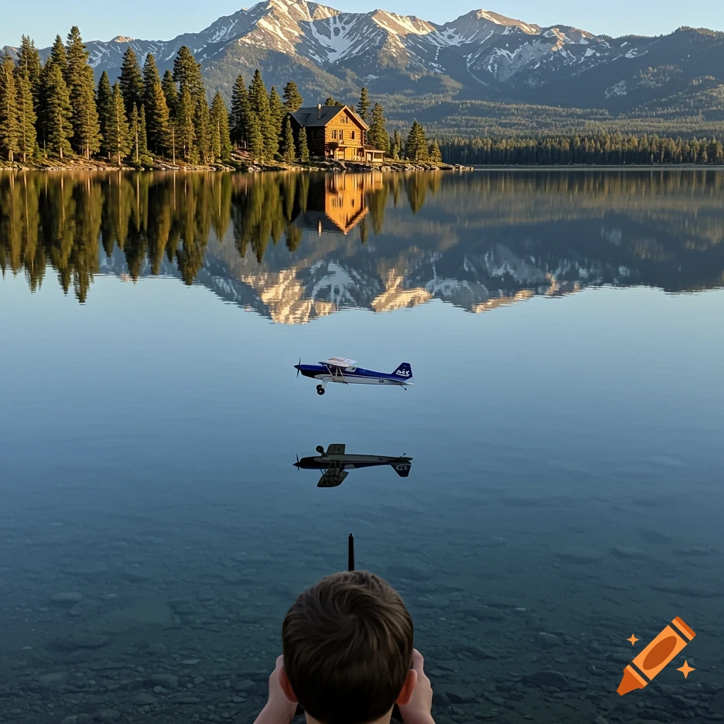 Person watches a remote-controlled plane fly over a lake reflecting mountains and a log cabin.
