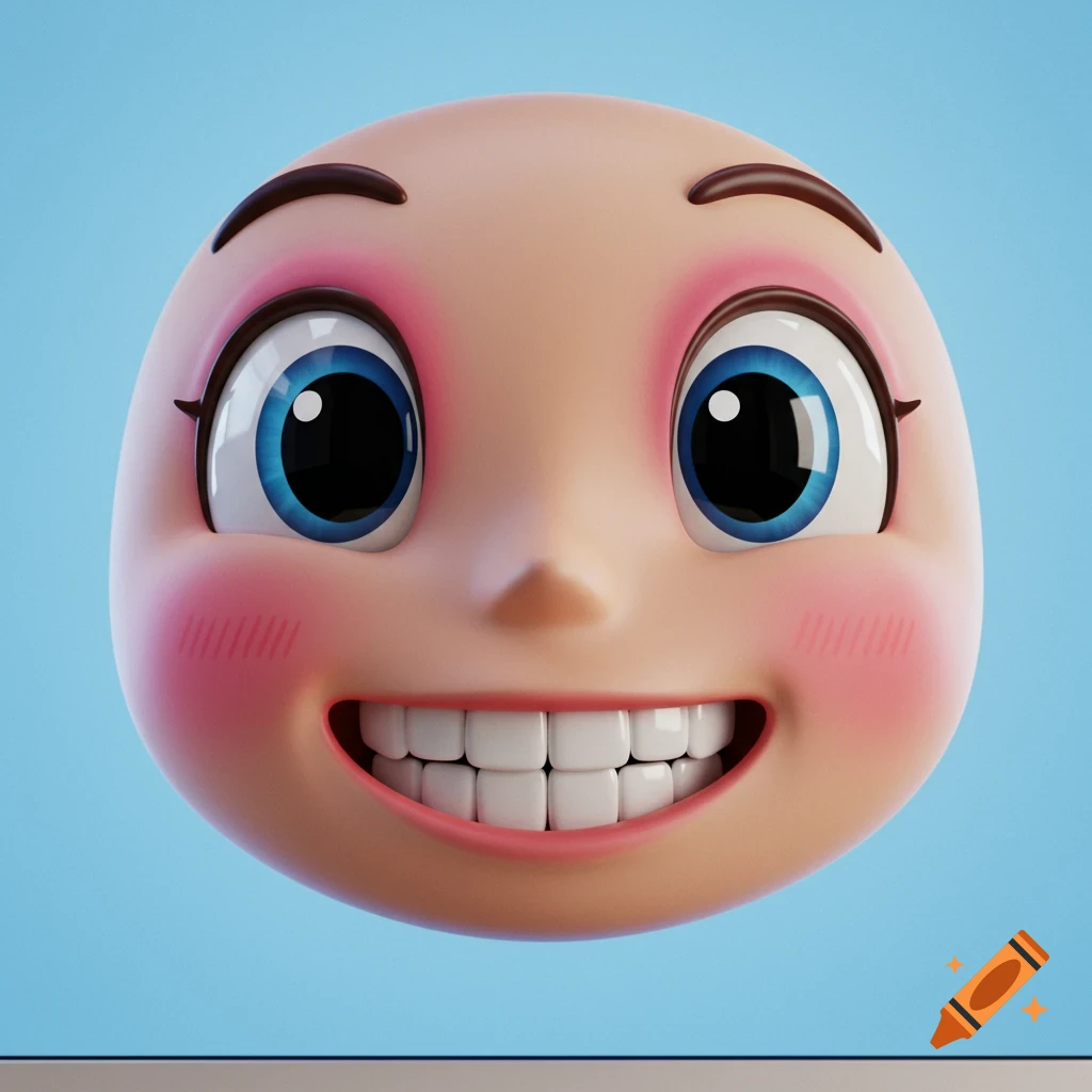 A 3D rendered cartoon face with large blue eyes, pink cheeks, and a wide smile.