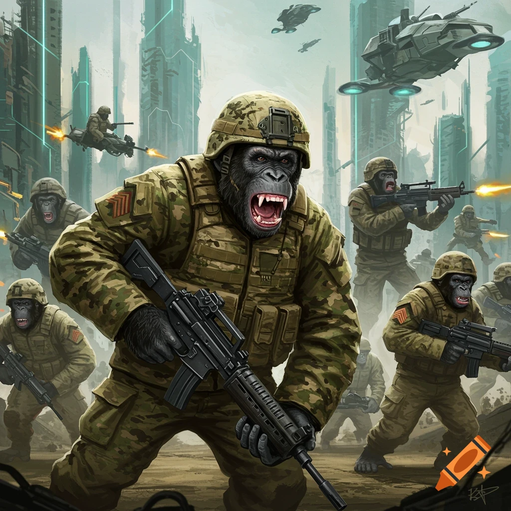 A group of ape soldiers in military gear stand ready in a futuristic cityscape with flying vehicles.