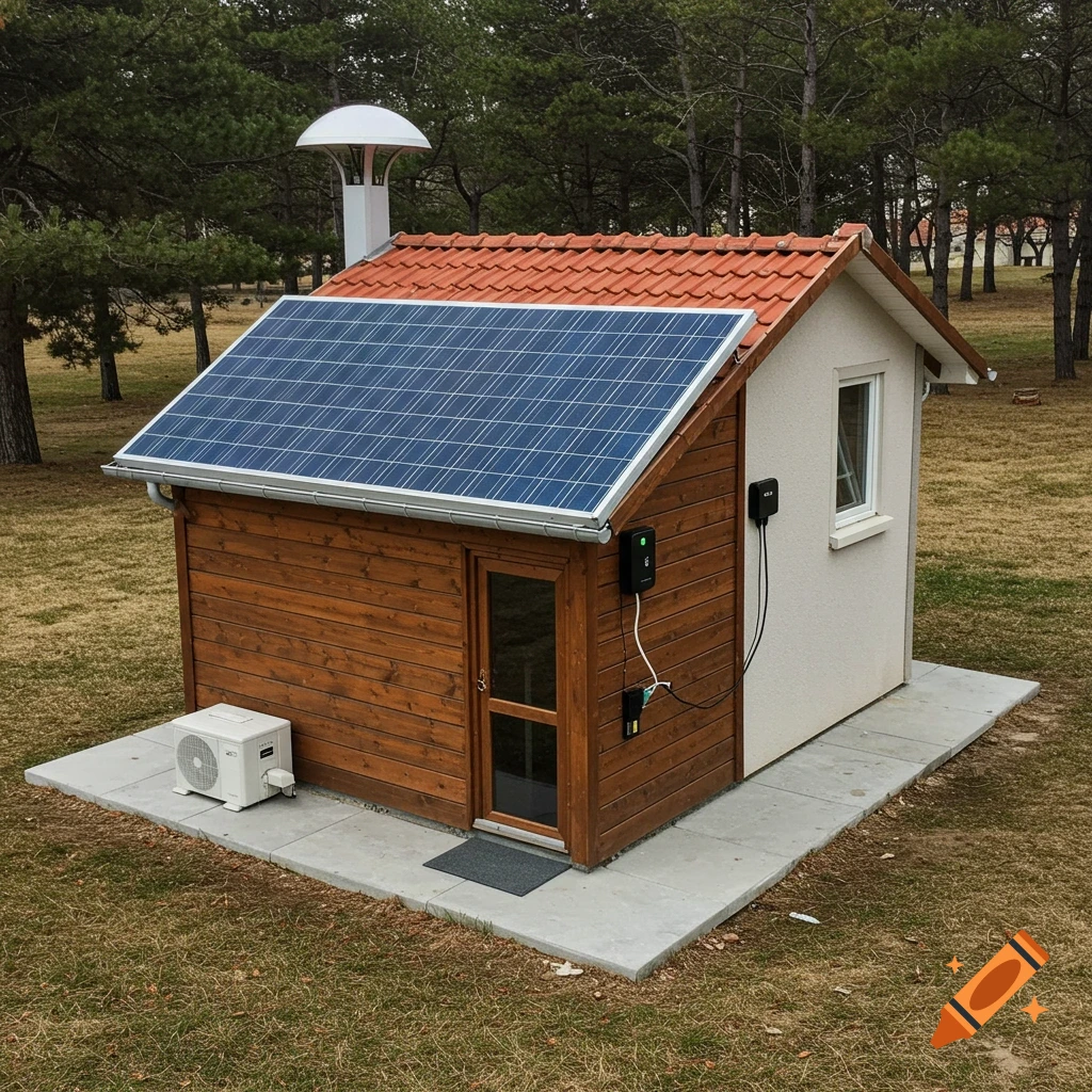 A small building with a red tile roof, wooden siding, and stucco wall, featuring a large solar panel, air conditioning unit, and outdoor electrical boxes, set on a concrete pad in a grassy area with trees.