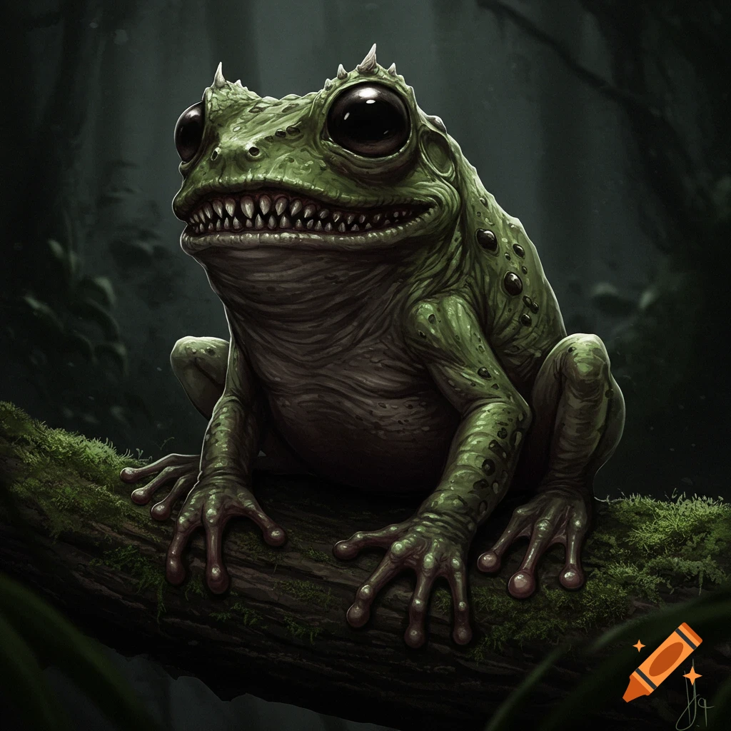 Illustration of a monstrous green frog with sharp teeth on a log.