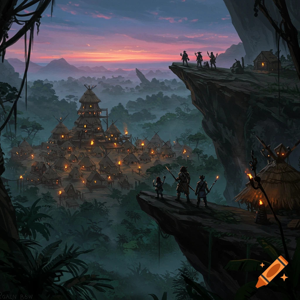 A tribal village in a jungle valley at dusk, seen from a cliff where adventurers stand.