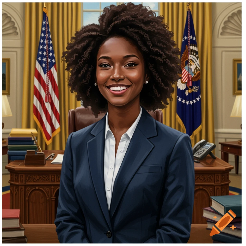 A young Black woman in a suit smiles while sitting at a desk in an office resembling the Oval Office.