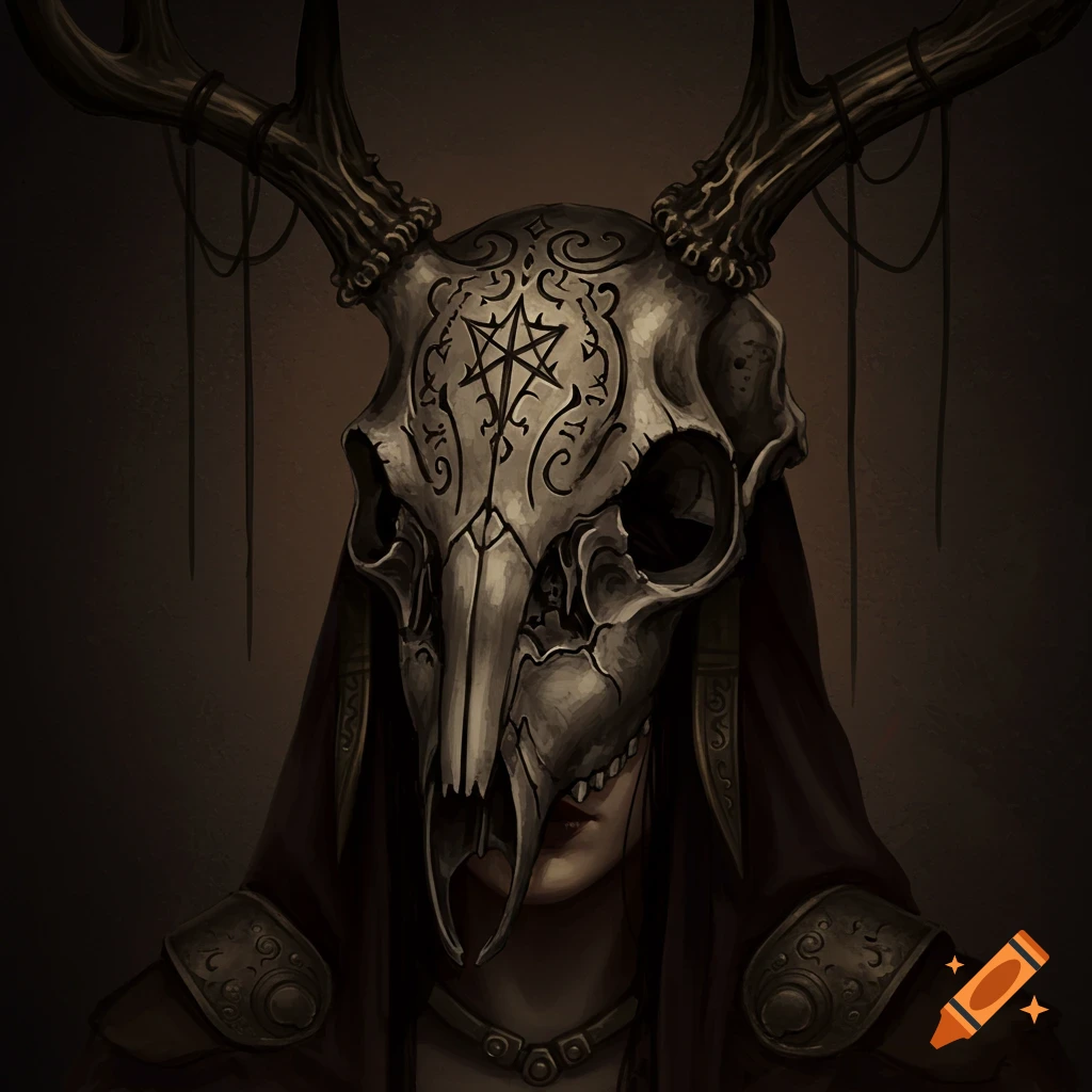 Illustration of a figure wearing an ornate deer skull mask with antlers and dark hooded robes, dark art style.