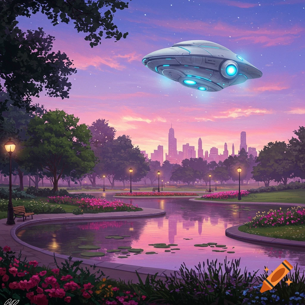 A park at sunset with a UFO hovering over a pond and a city skyline in the background.