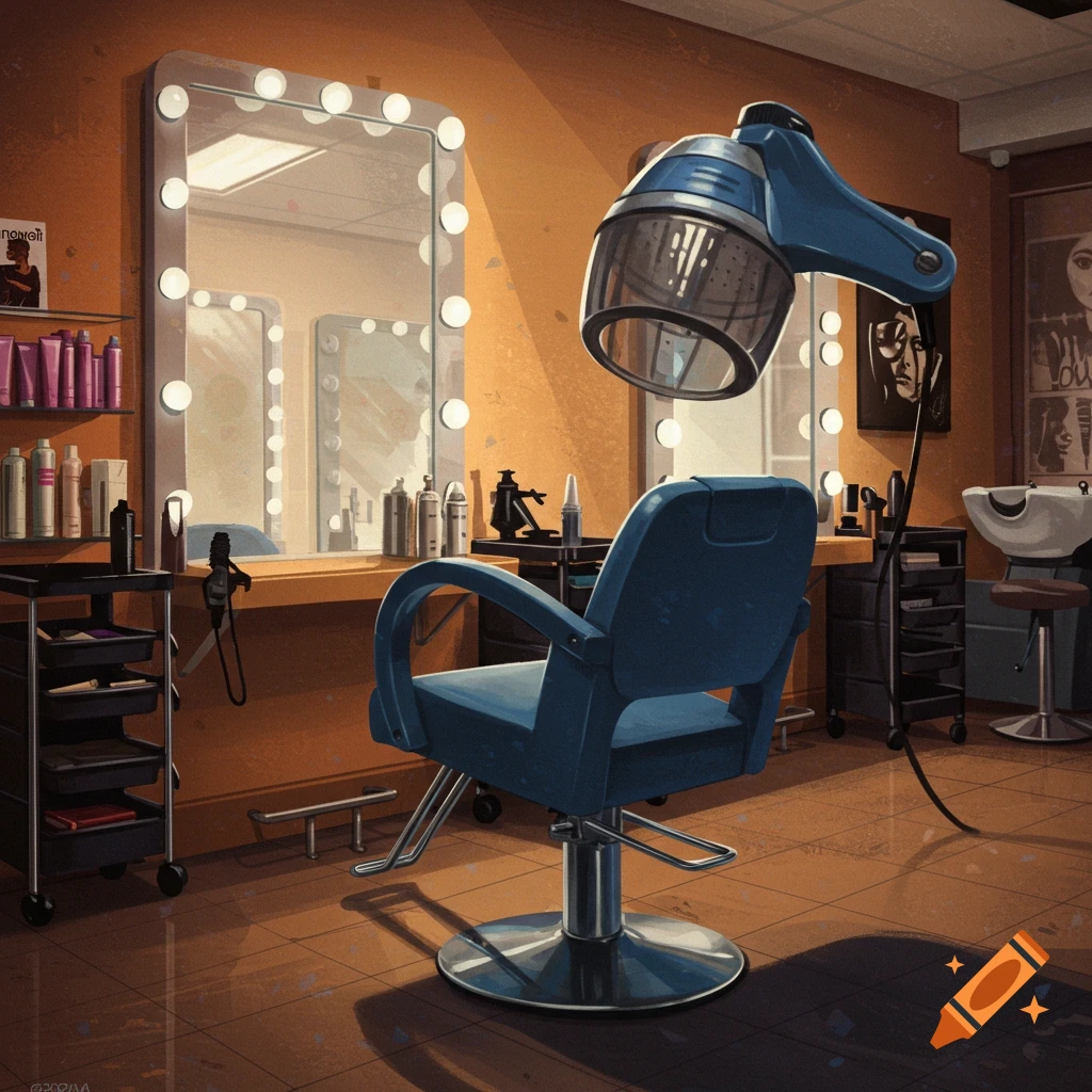 Interior view of a beauty salon with a blue chair, overhead hair dryer, and large lighted mirror