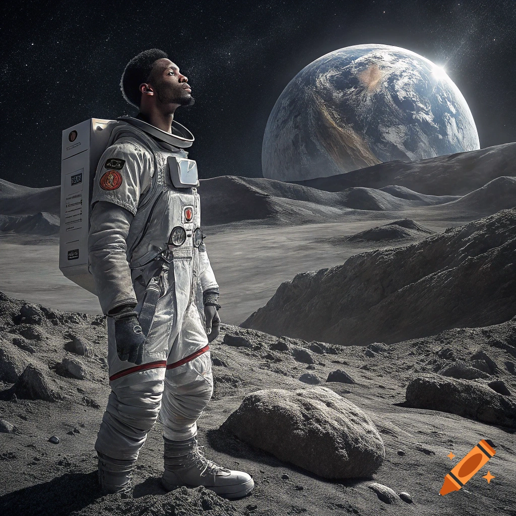 An astronaut stands on the moon looking up at the Earth.