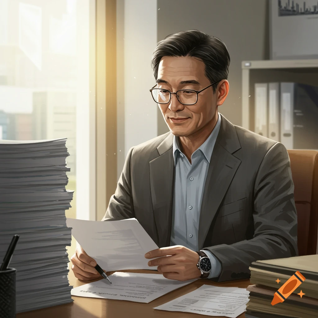 Asian man in glasses and suit sits at a desk covered in papers, reading a document in an office