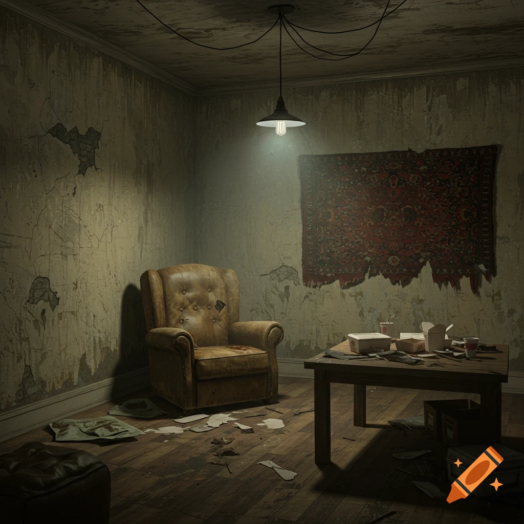 A gloomy, messy room with a worn armchair, cluttered table, and torn rug on the wall.