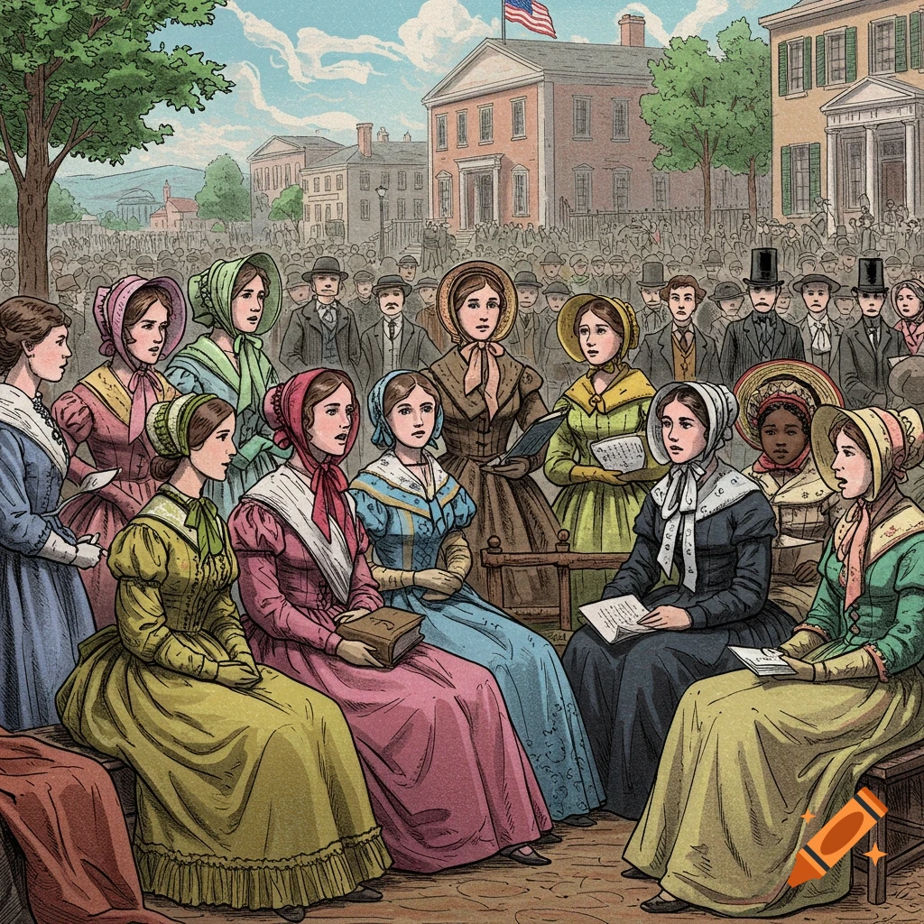 Illustration of women in historical dress at a public gathering in front of a crowd and buildings.