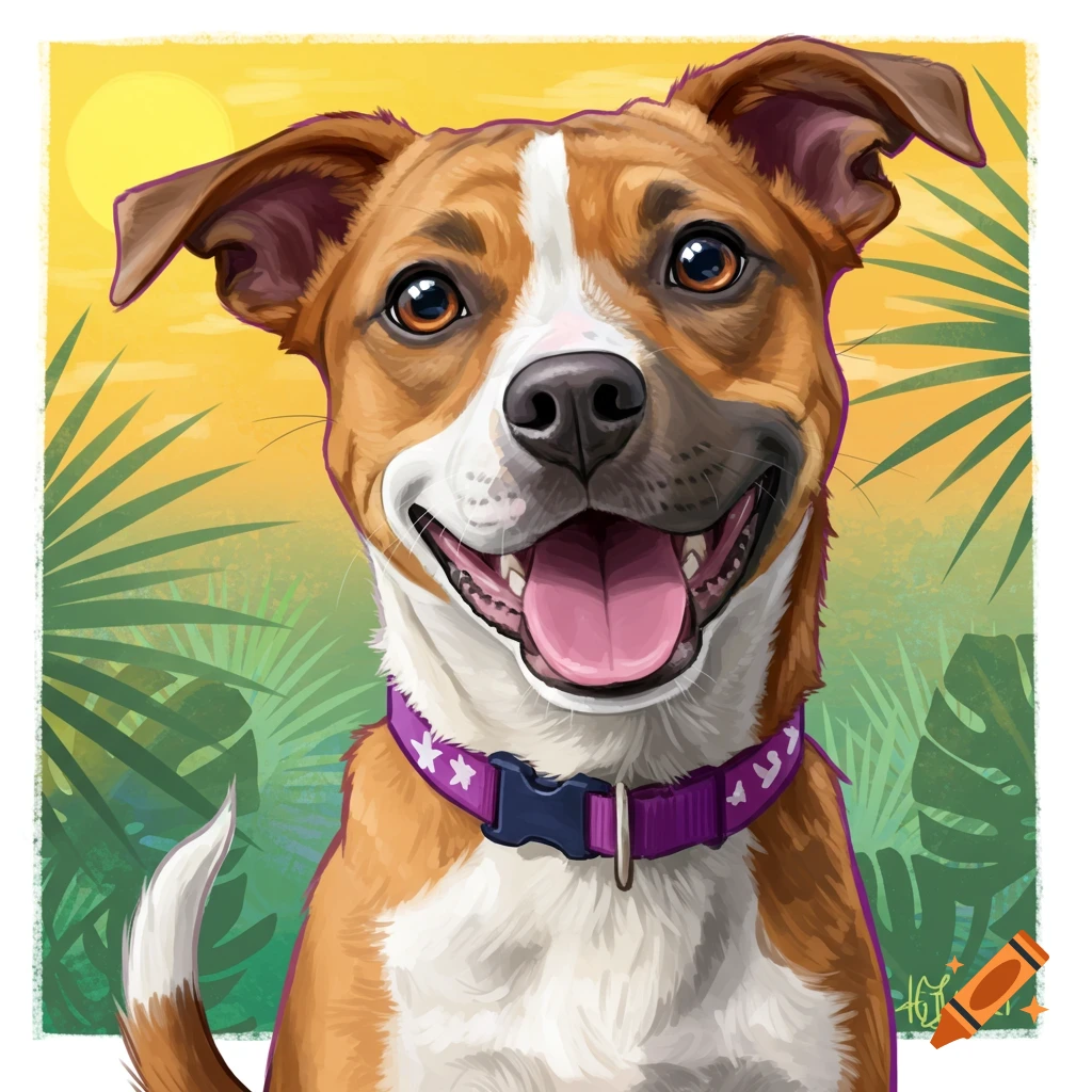 A happy dog wearing a purple collar, illustrated against a tropical background with palm fronds and sun.