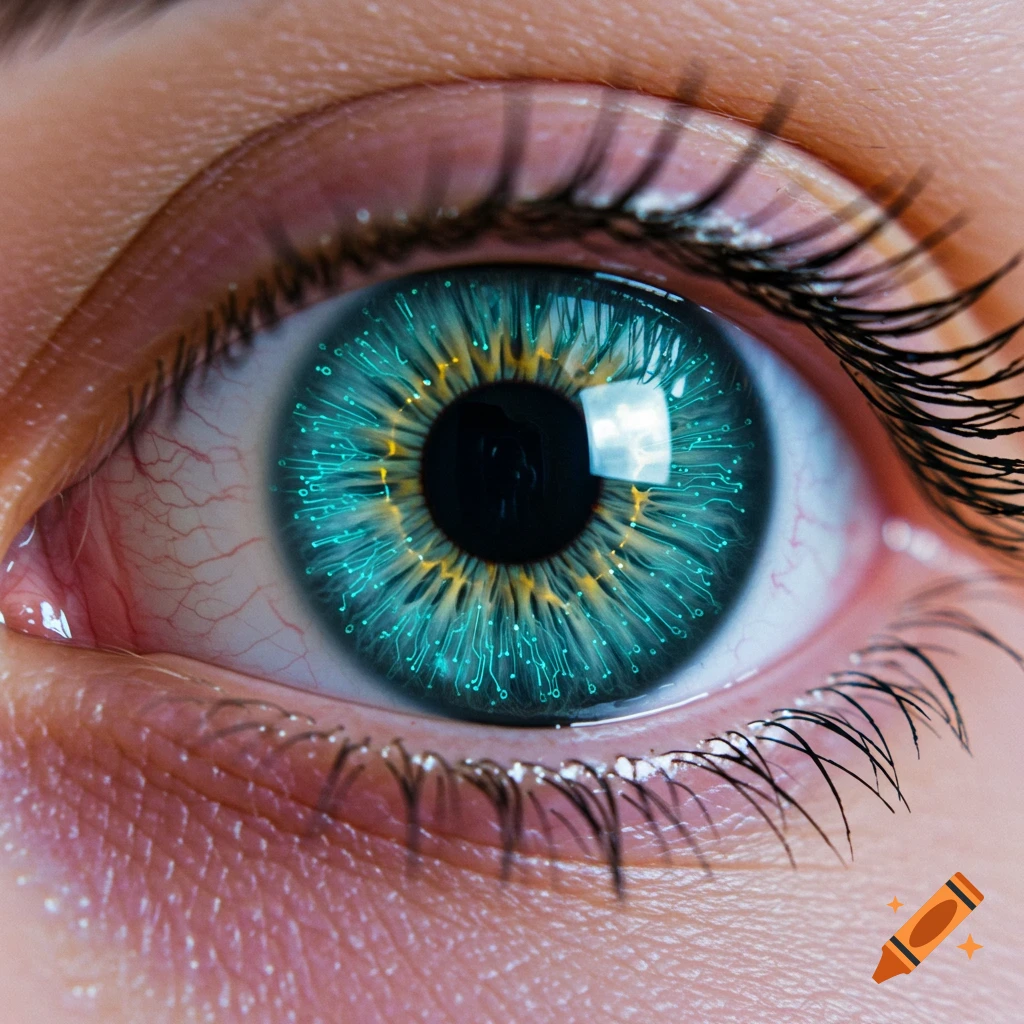 Close-up of a human eye with a circuit board pattern in the iris, photorealistic.