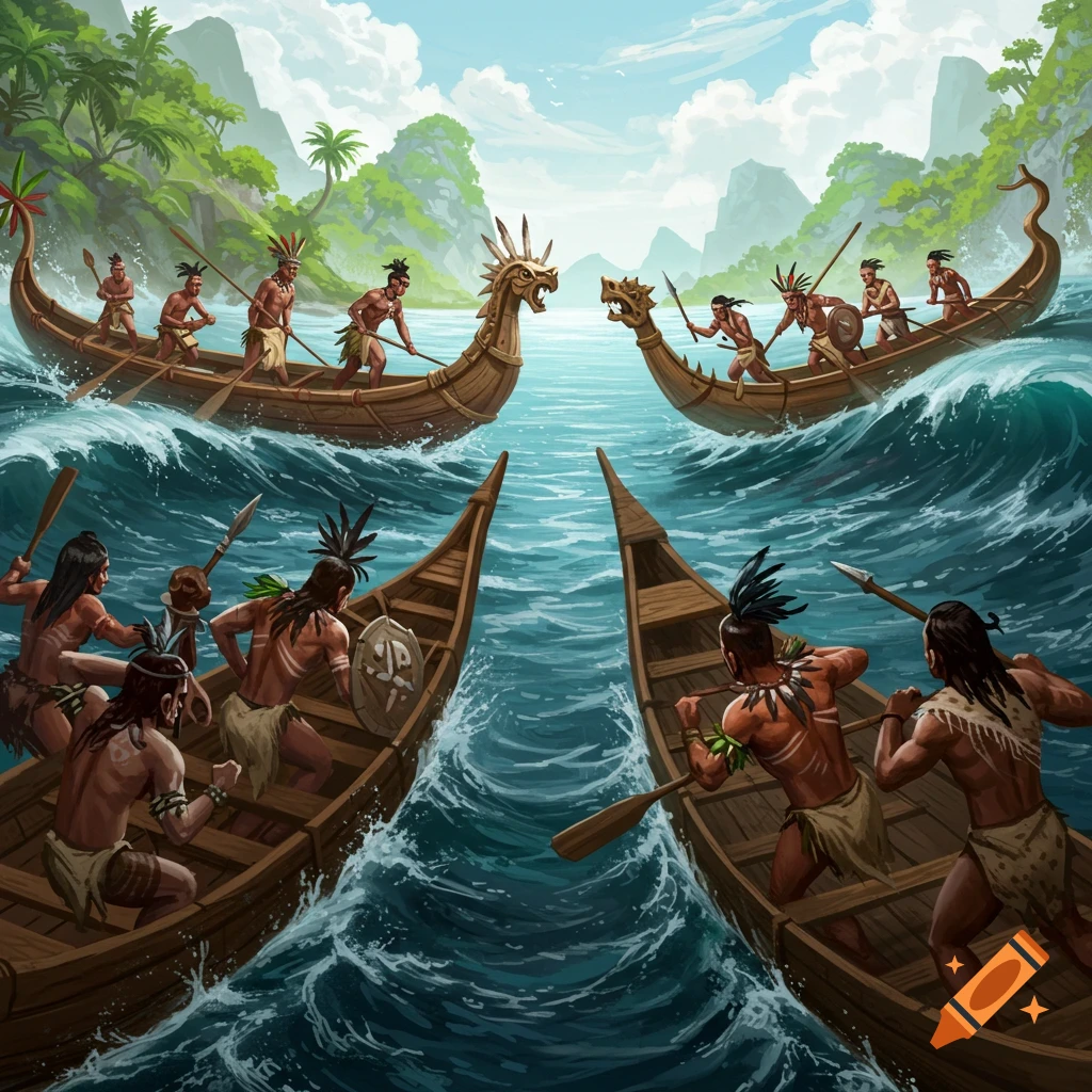 Illustration of tribal warriors battling in dragon-headed boats on choppy seas