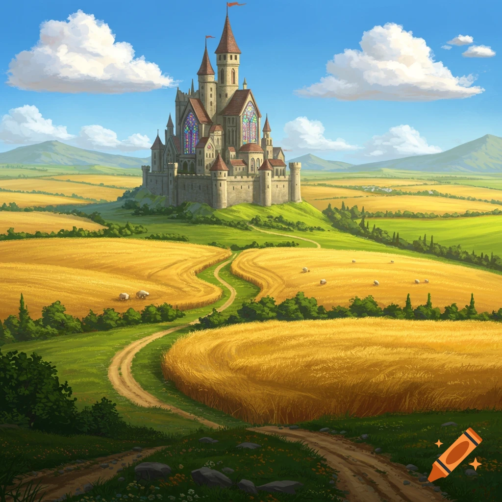 A medieval castle sits on a hill overlooking golden fields and green hills, with a dirt path winding through the fields.