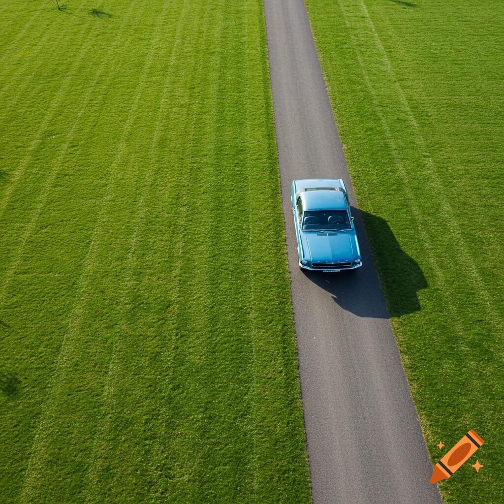 Aerial view of a blue vintage car driving on a narrow asphalt path through a manicured green grass field.
