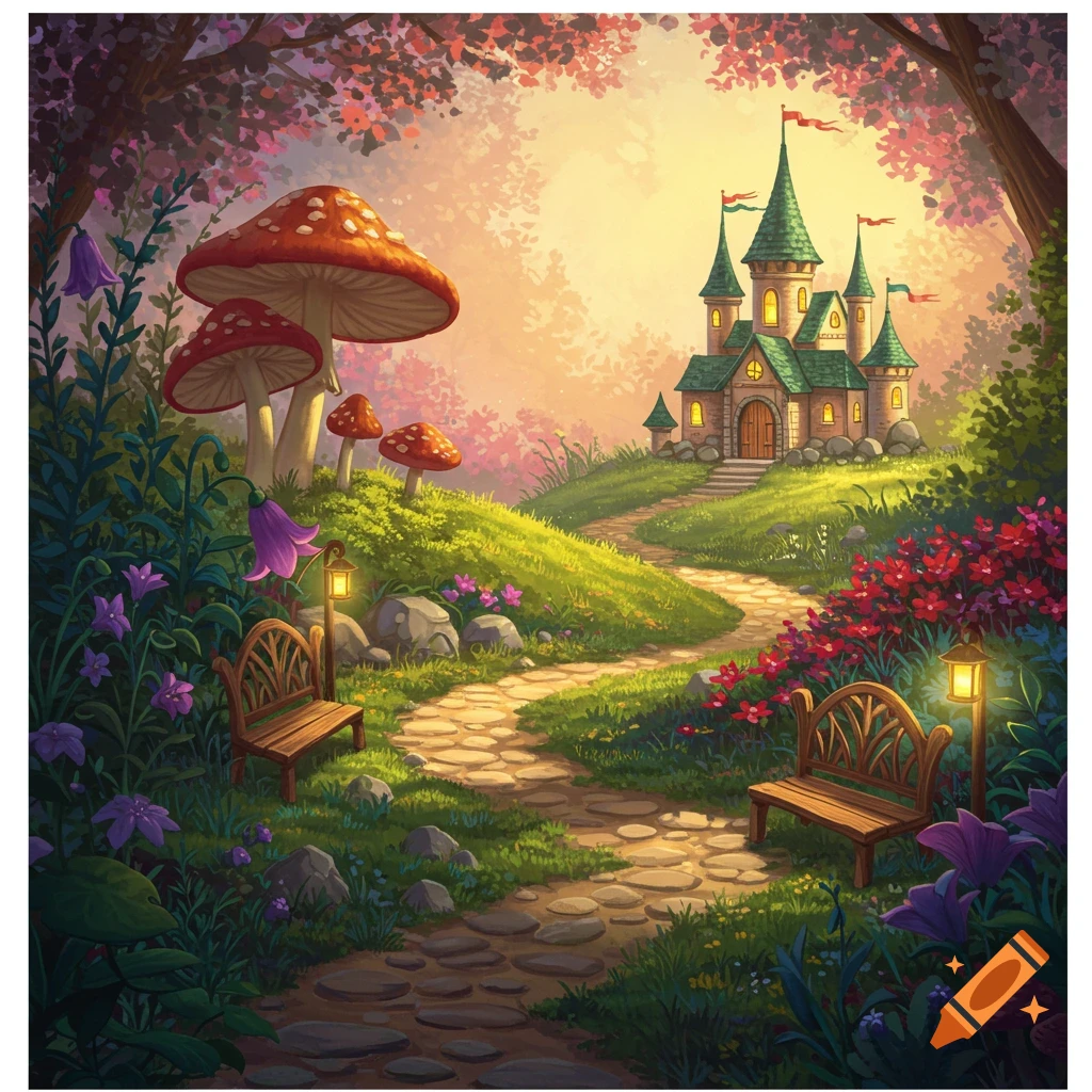 A whimsical fantasy illustration of a stone path winding up a grassy hill towards a distant castle, with large red mushrooms and colorful flowers in the foreground.