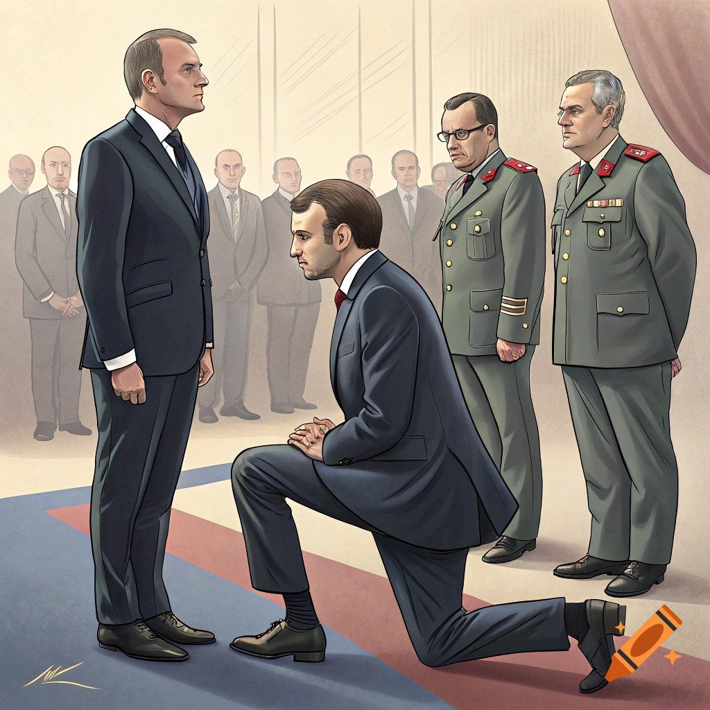Illustration of a man kneeling before another man and military officers in a formal setting.