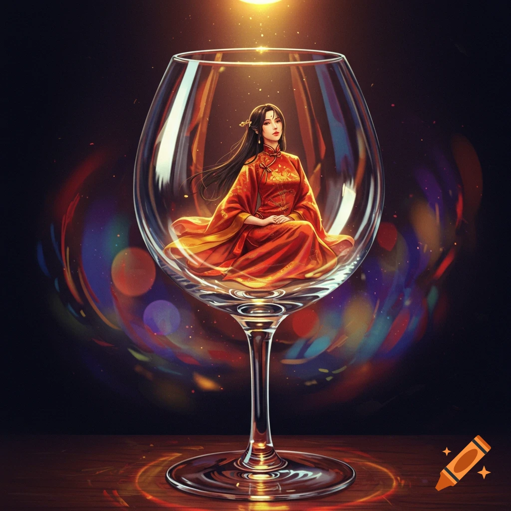 Illustration of a woman in a red dress sitting inside a wine glass.