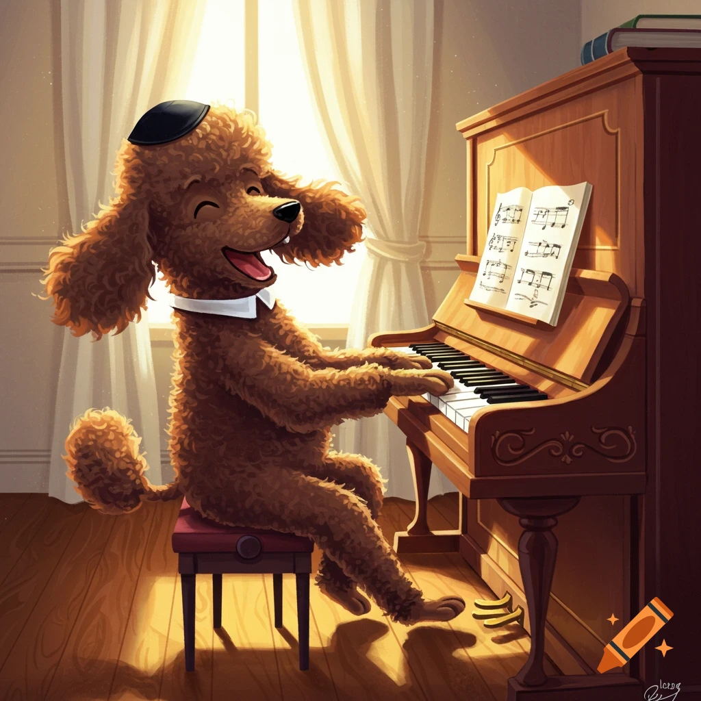 Cartoon poodle wearing a kippah plays the piano happily