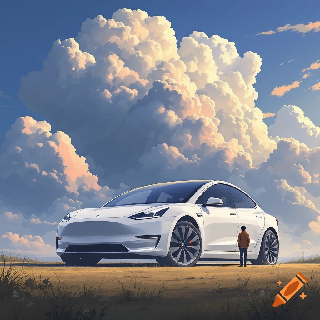 A white Tesla Model 3 parked in a field under dramatic clouds with a person standing nearby, in an illustration style.