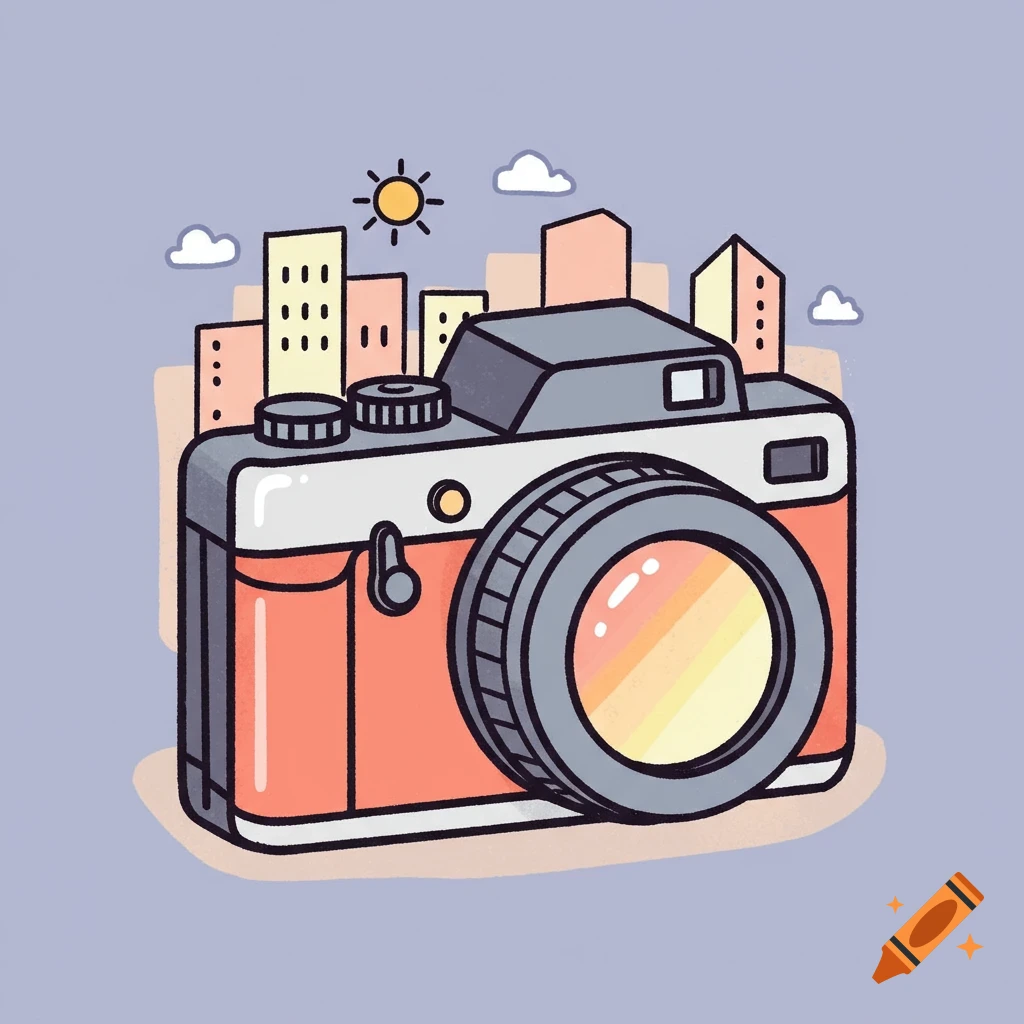 Clip art illustration of a camera with a cityscape, sun, and clouds.