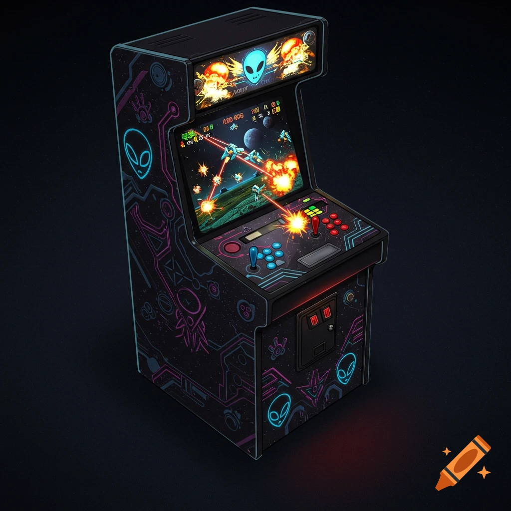 Arcade machine with alien-themed graphics playing a space shooter game.