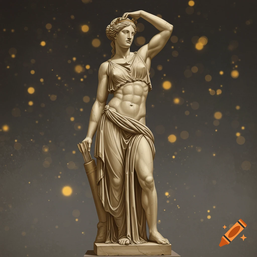Ancient Greek style statue of a muscular woman with bow and arrows against a dark background with bokeh lights.