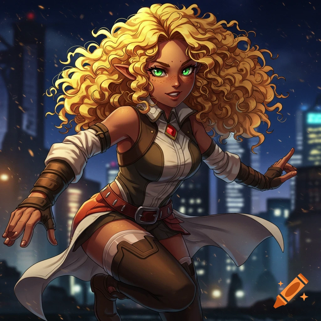 Anime illustration of a fantasy character with curly blonde hair and green eyes jumping with a city background.