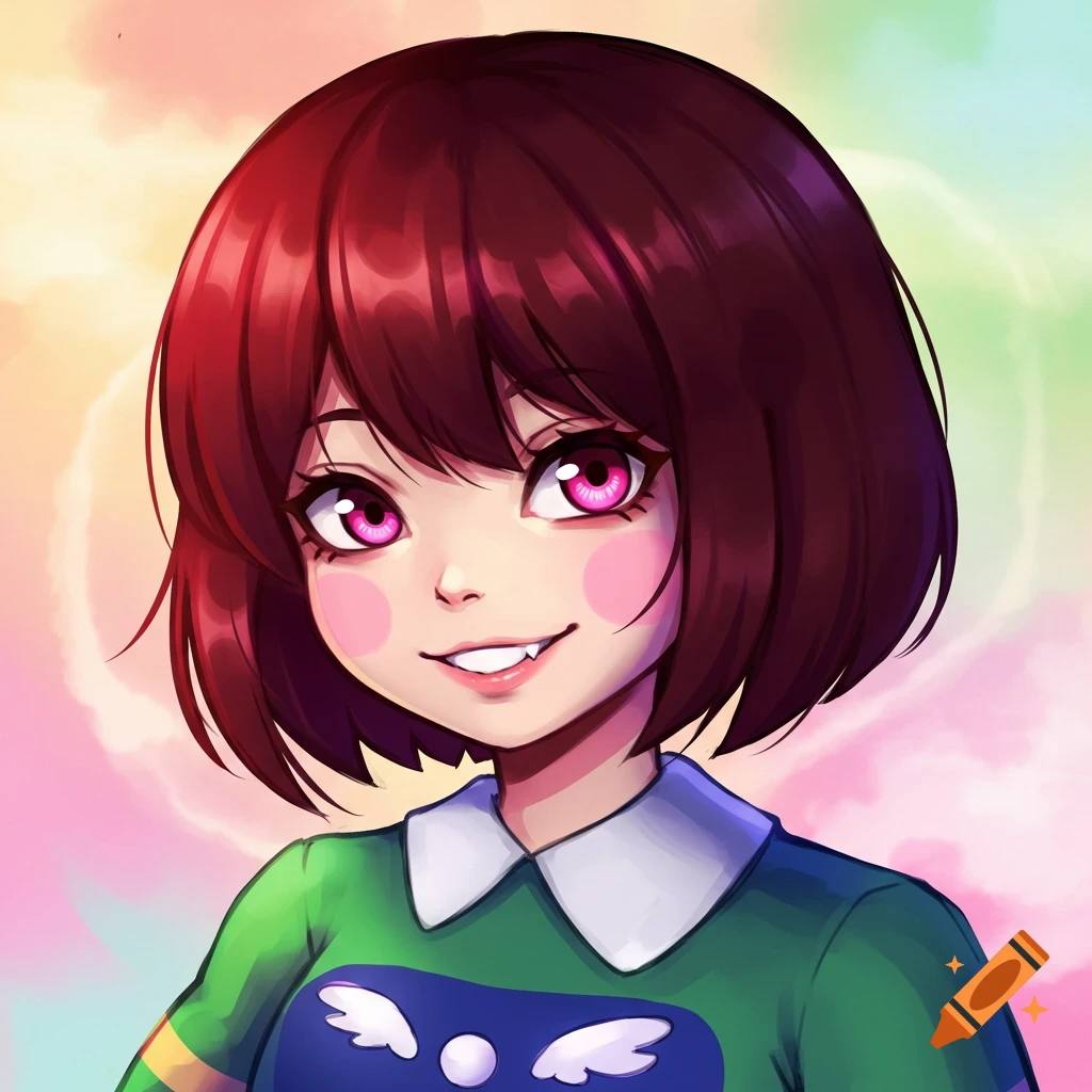 Anime-style portrait of a character with short brown hair, pink eyes, and a green shirt with a blue emblem.
