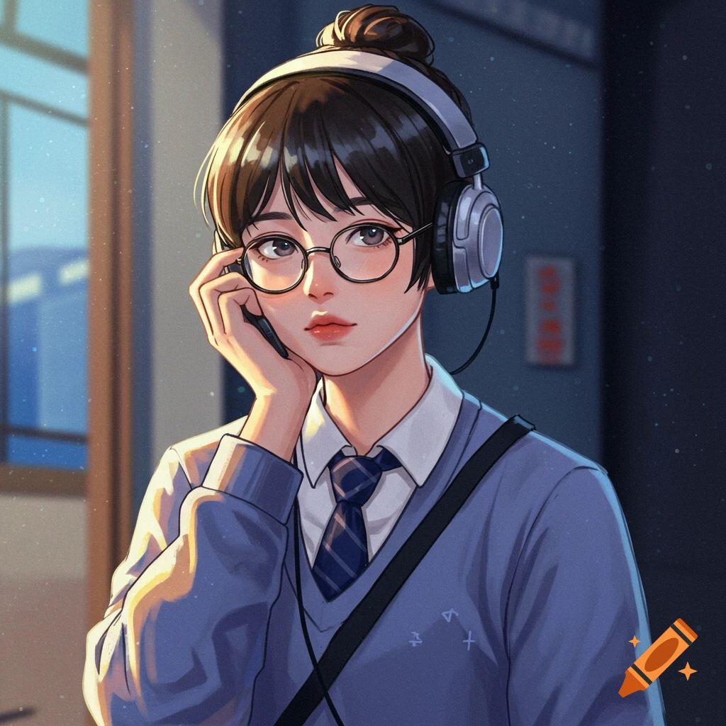 Anime illustration of a young woman with headphones and glasses, wearing a blue sweater over a shirt and tie, holding a phone to her ear.
