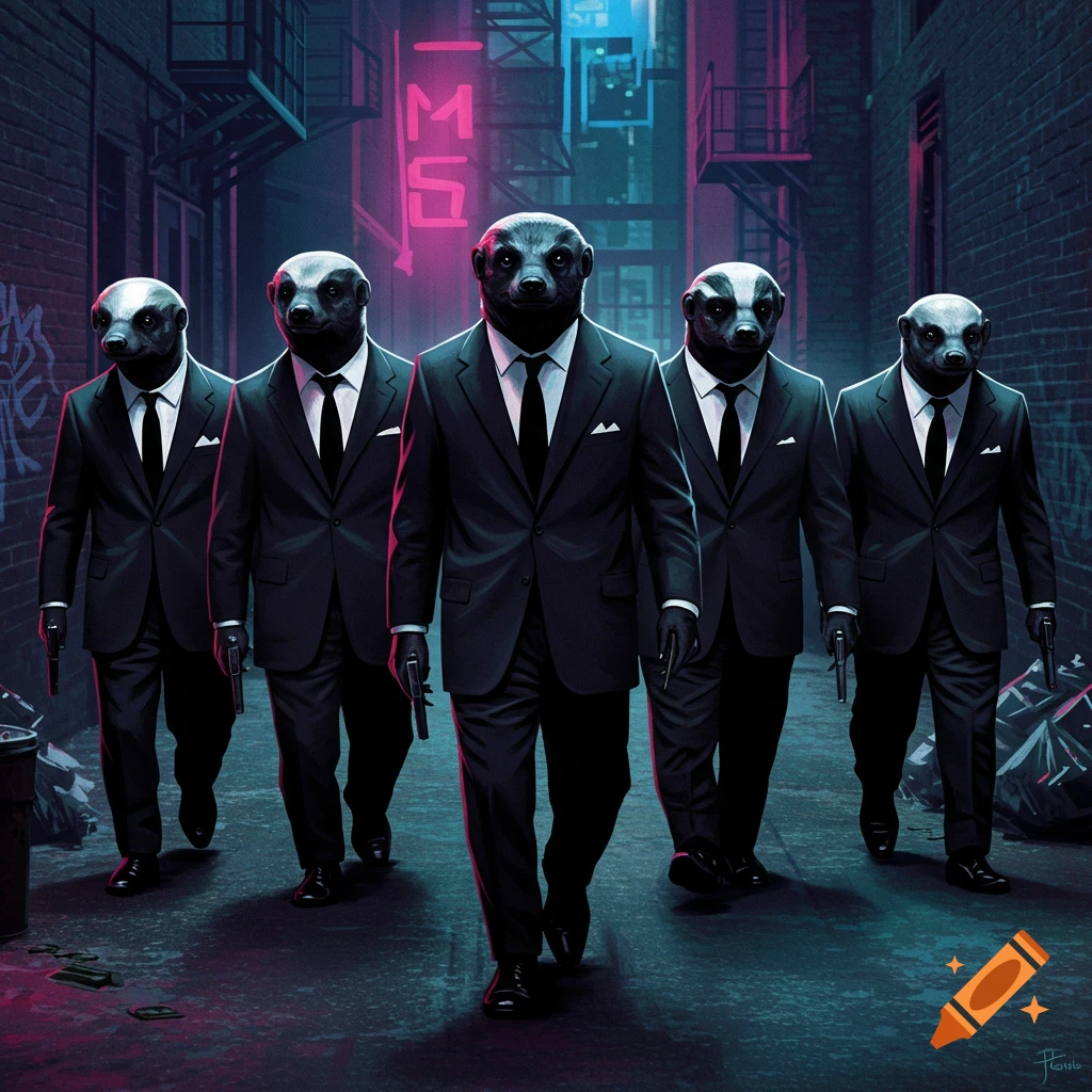 Five anthropomorphic honey badgers in black suits walk down a dark, neon-lit alley holding pistols.