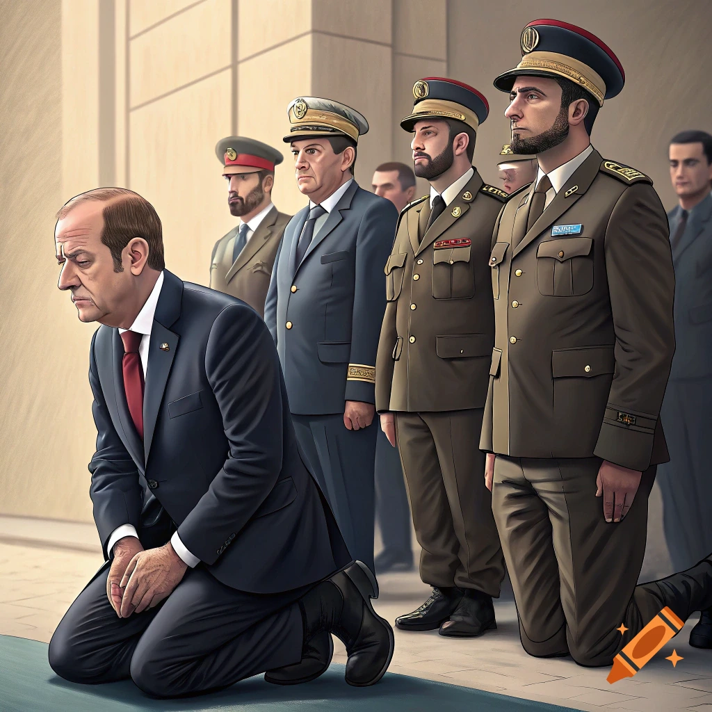 A man in a suit kneels on the ground, surrounded by several men in military uniforms who are also kneeling.