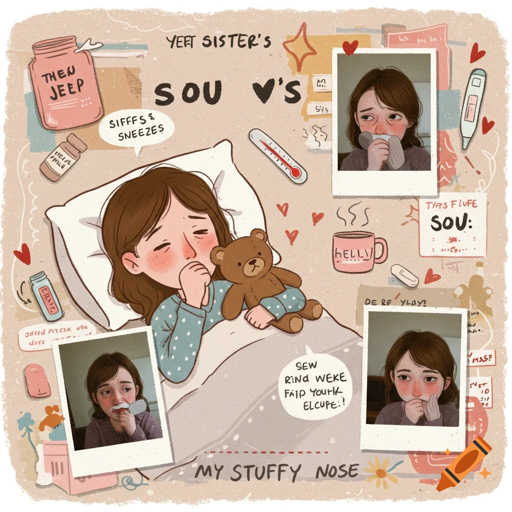 Illustration of a girl in bed with a cold, surrounded by remedies and photos, in a scrapbook style.