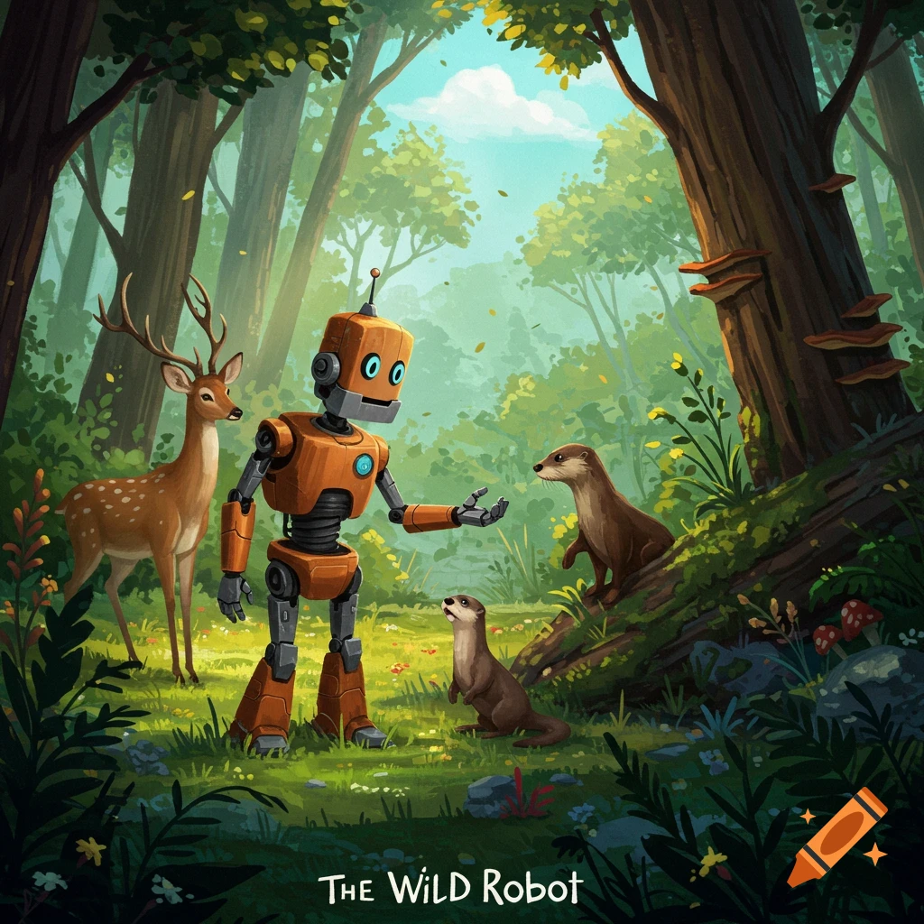 An orange robot stands with a deer and otters in a sunny forest clearing, illustration style.