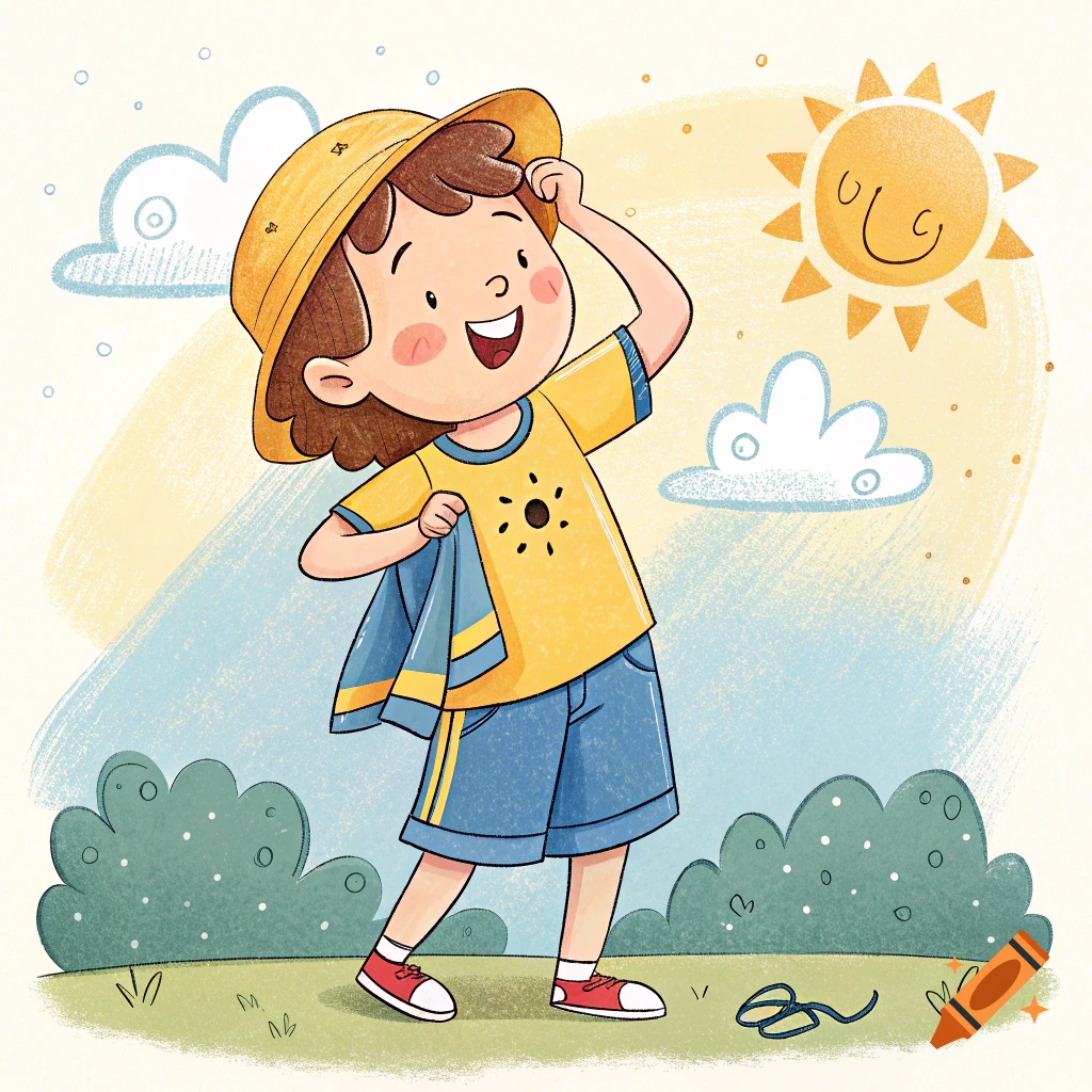 Cartoon illustration of a smiling child shielding their eyes from the sun on a summer day.