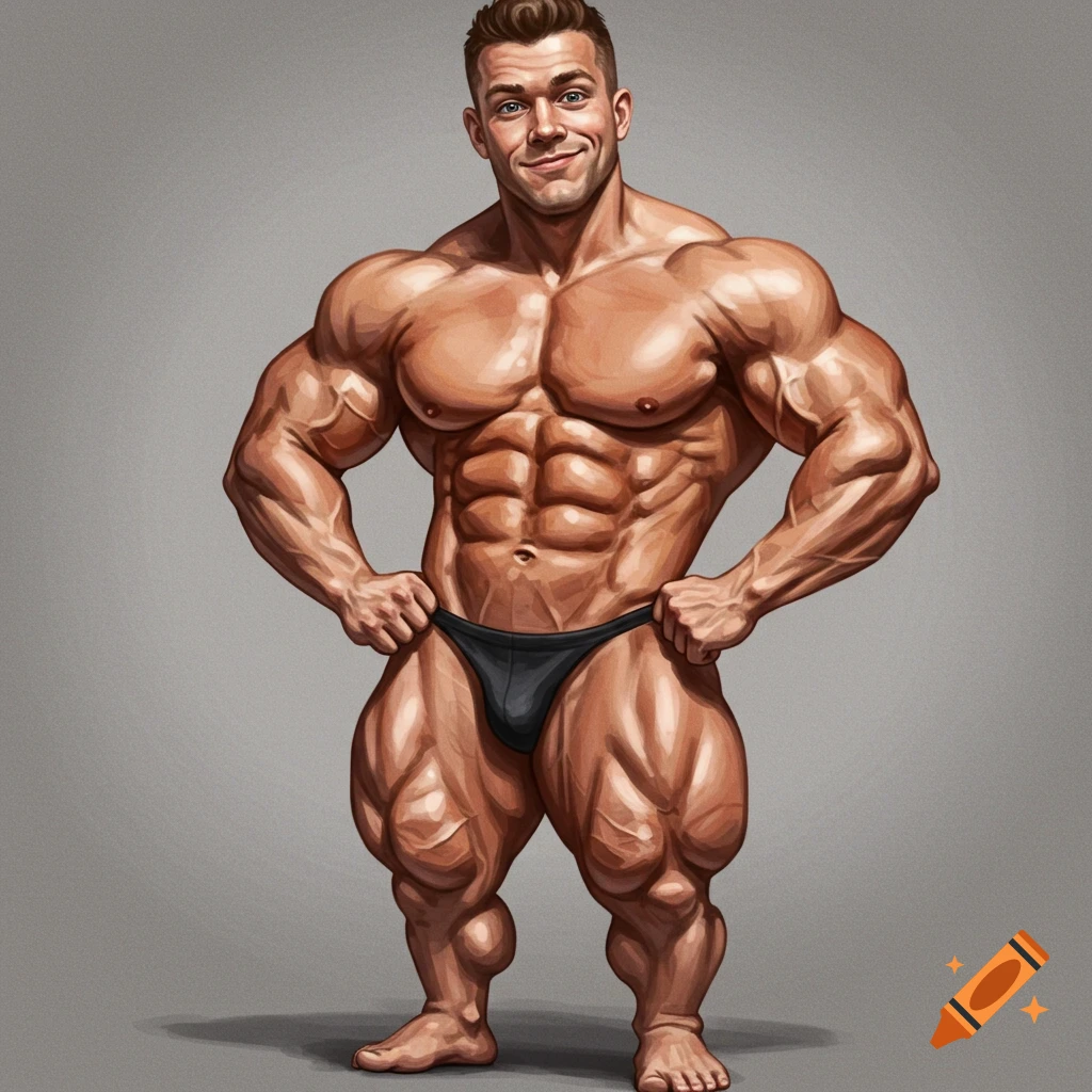 Illustration of a muscular man with disproportionately small legs wearing a black posing brief.