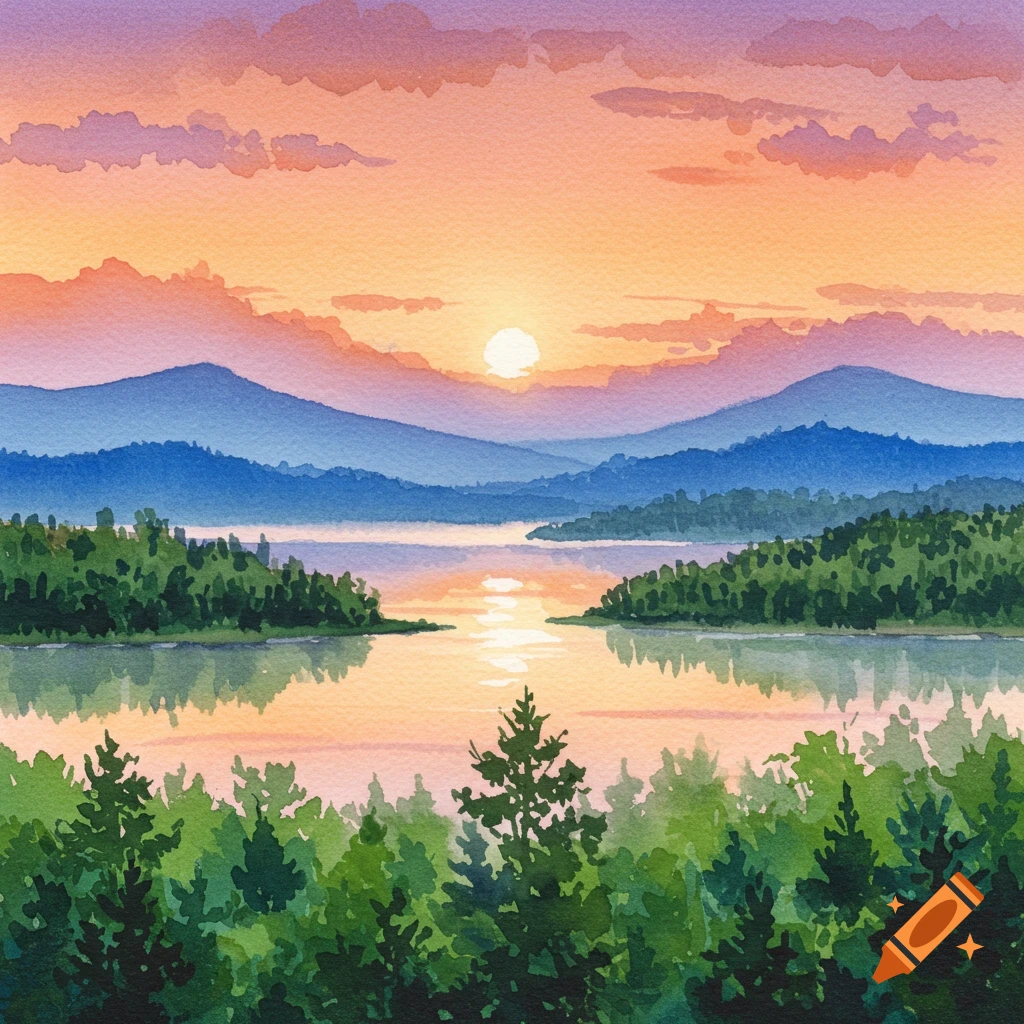 Watercolor painting of a sunset over a lake with mountains and trees.