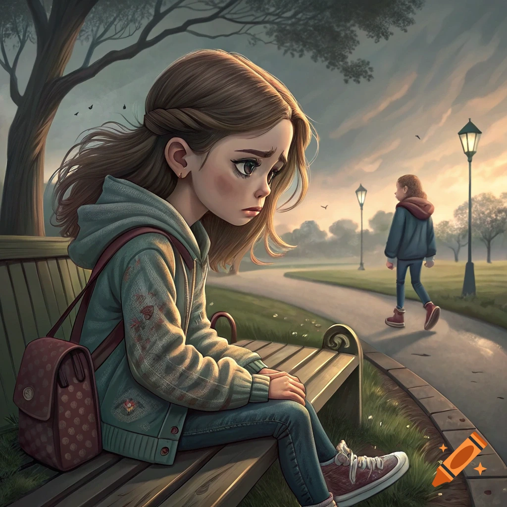 Stylized illustration of a sad girl sitting on a park bench as another girl walks away.