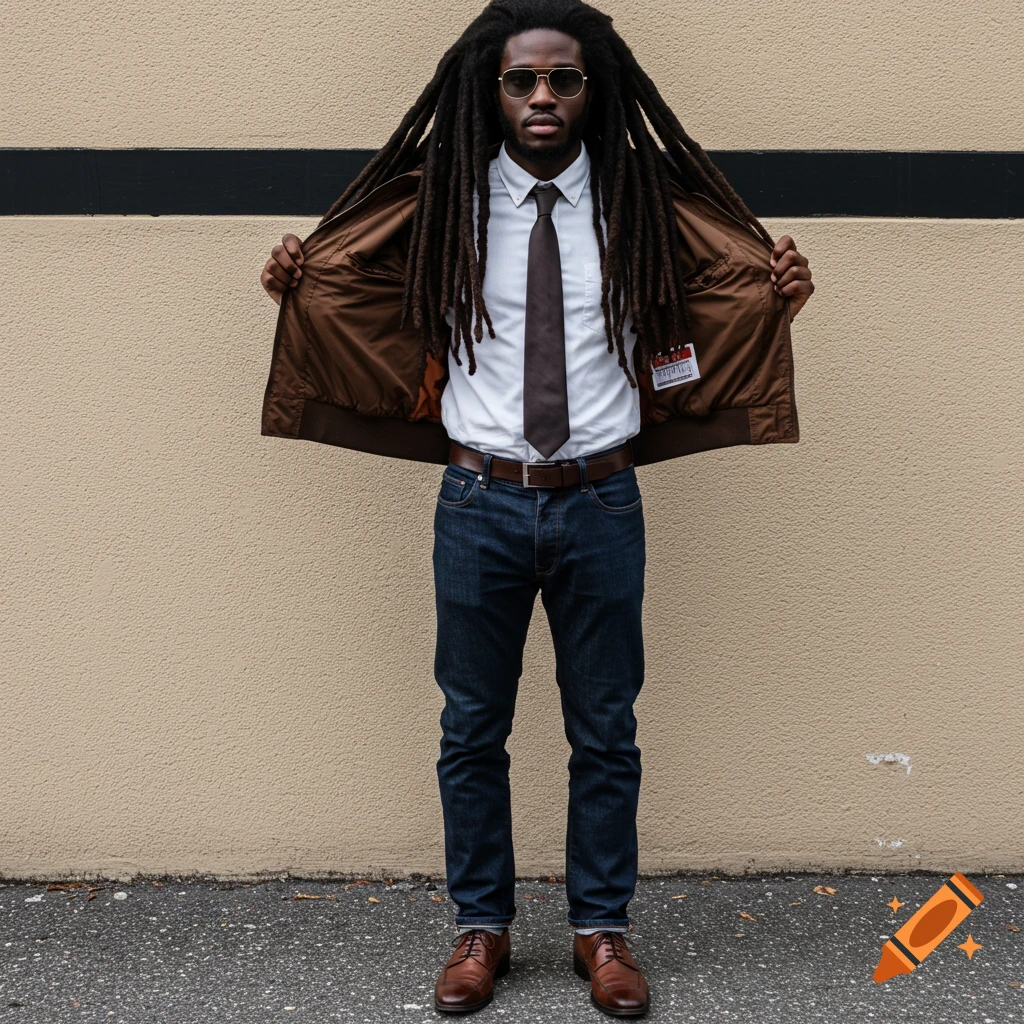 A Black man with long dreadlocks wearing a brown bomber jacket over a white shirt and tie, jeans, and sunglasses stands by a wall.