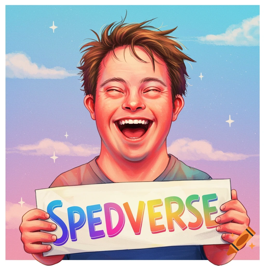 Illustration of a very happy young man holding a sign that says SPEDVERSE.