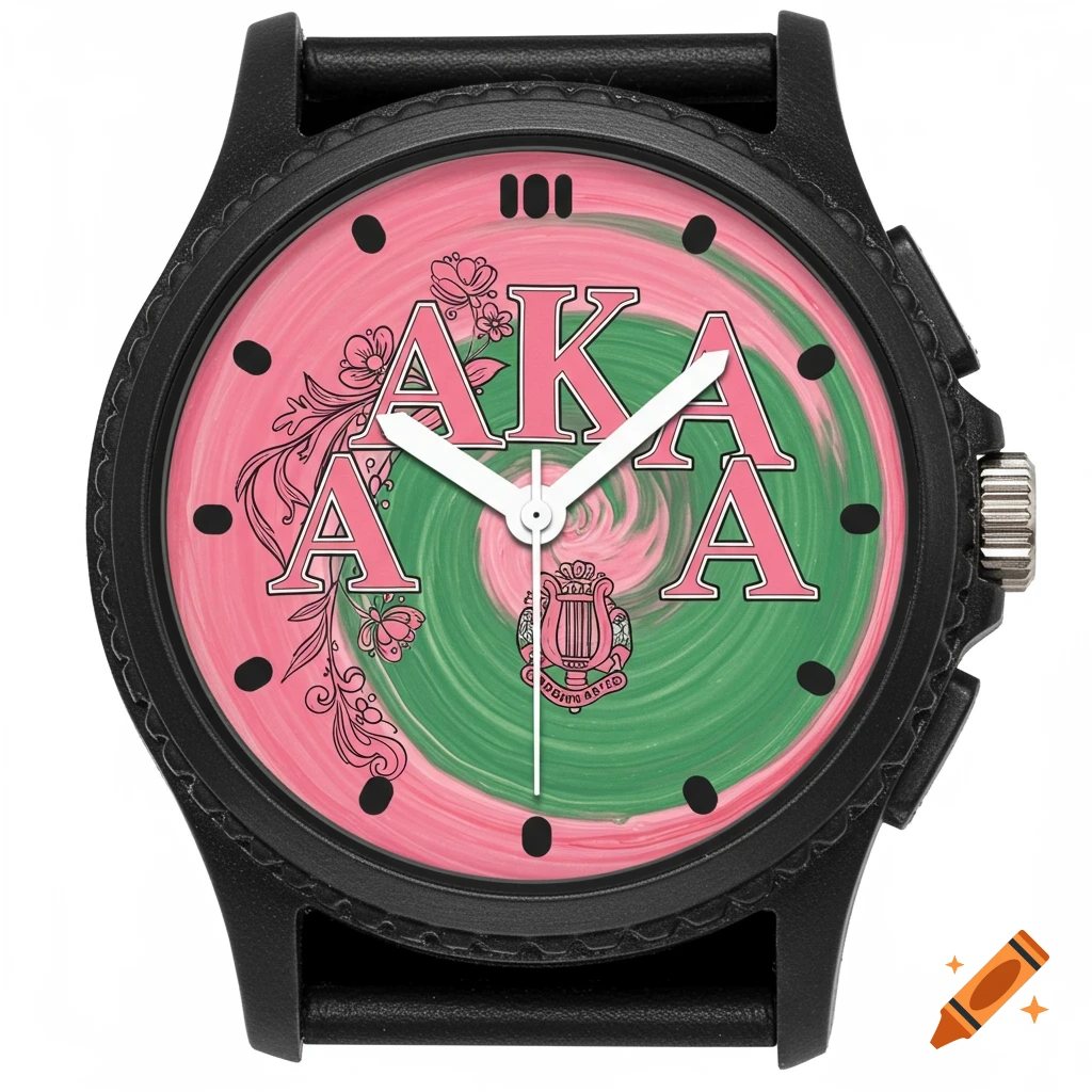 Close-up of a black watch face with pink and green swirl pattern, featuring the letters AKA and a crest.