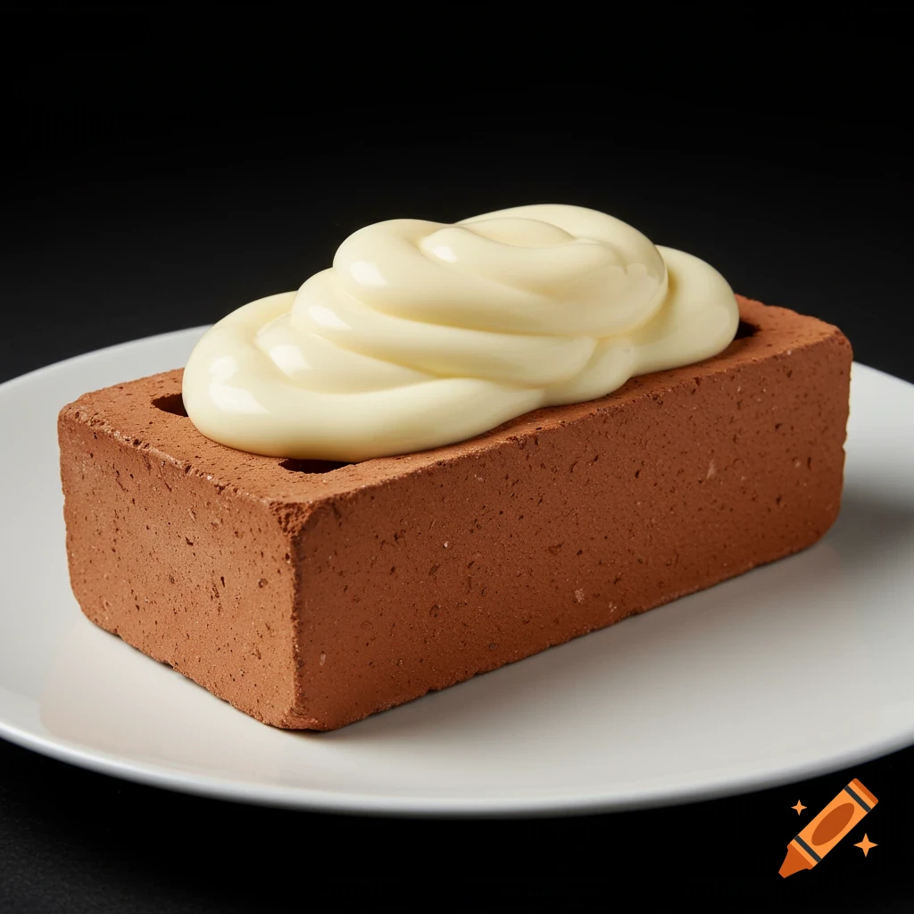 A brick garnished with mayo on a white plate.