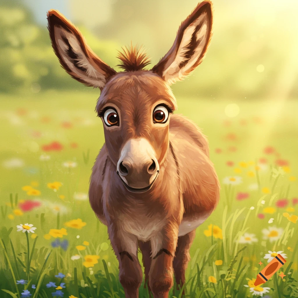 Cute cartoon illustration of a donkey standing in a sunny field of wildflowers.