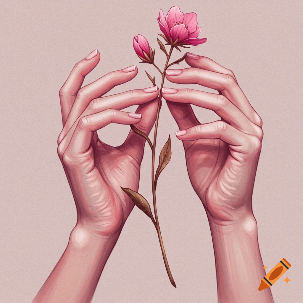 An illustration of two hands gently holding a stem with a pink flower.